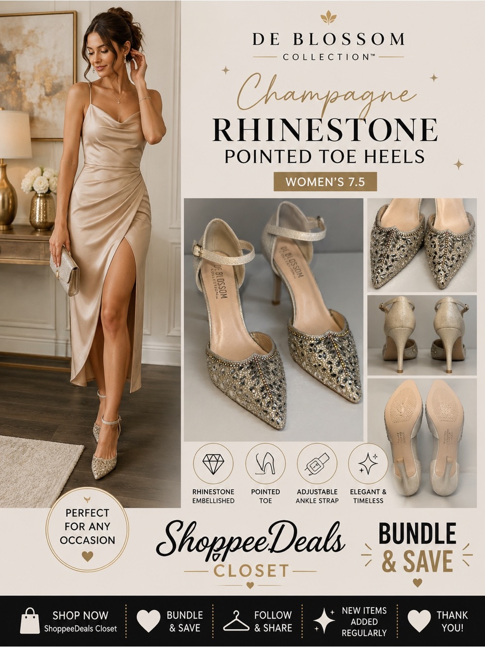 De Blossom Collection Champagne Rhinestone Pointed Toe Heels Women’s 7.5
